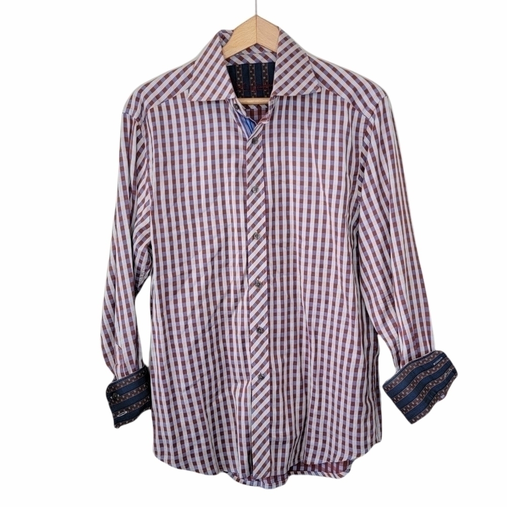 Robert Graham | Rust Brown Blue Tan Plaid Shirt Size Medium